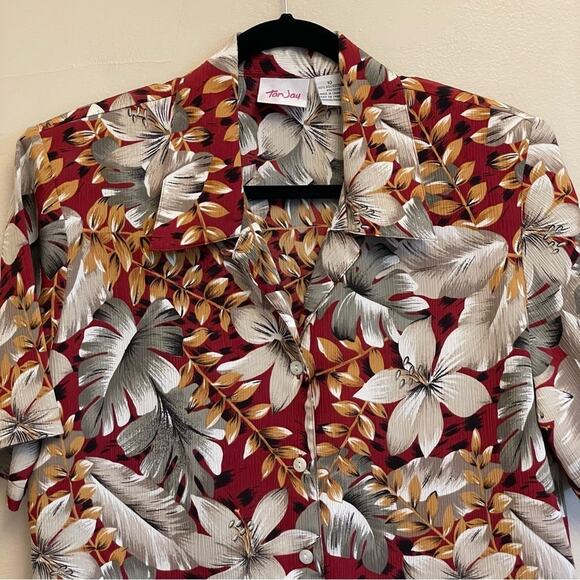 Vintage L Hawaiian button down blouse gray red orange tropical Tan Jay polyester - Picture 2 of 7